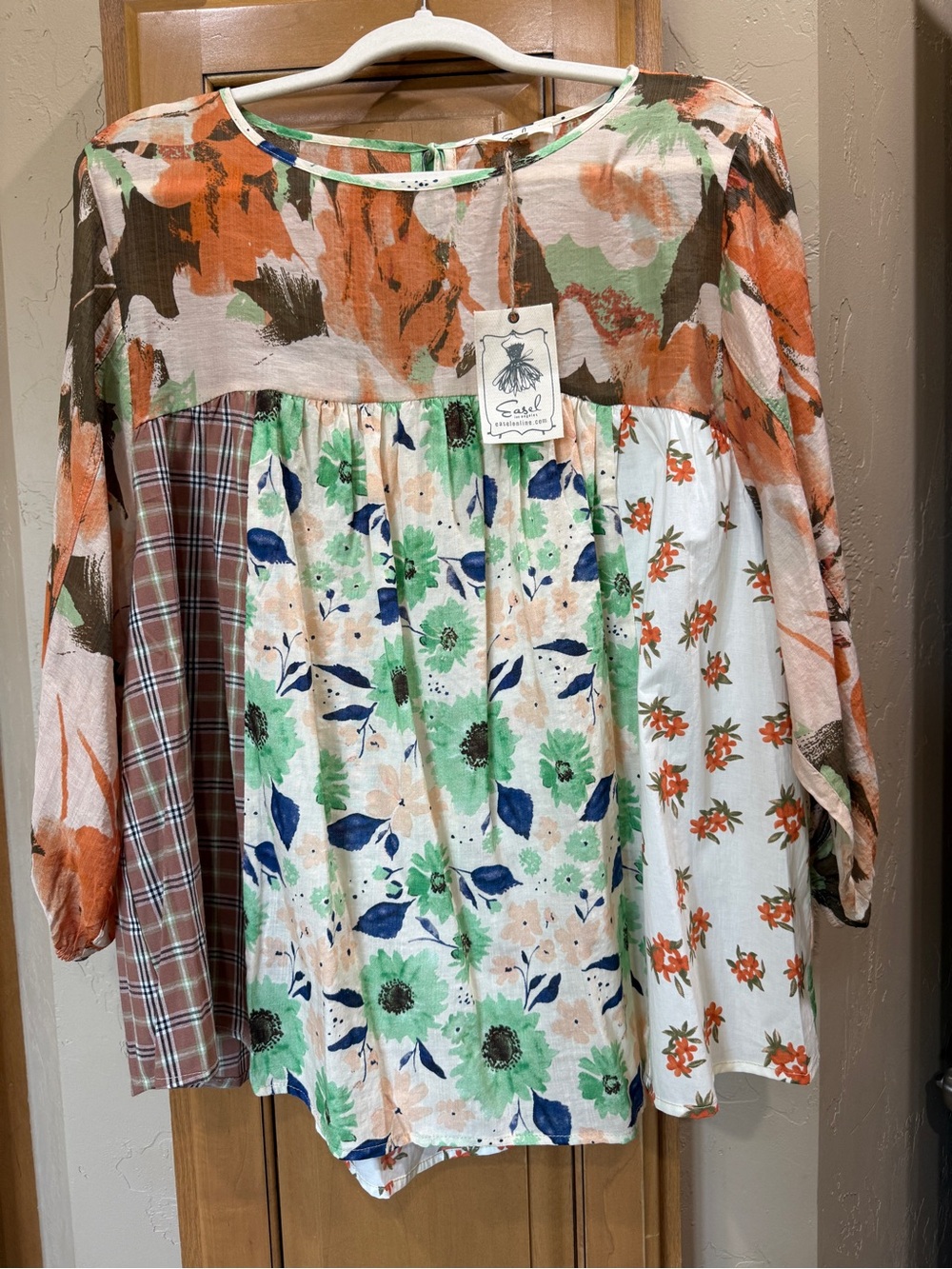 easel Patchwork Floral & Plaid Tunic Top in Green, Orange, Brown and Blue
